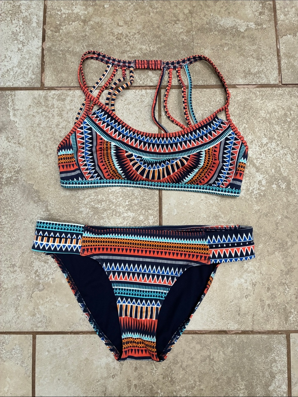Jag Jeans Multicolor Geometric Strappy Bikini - Navy, Orange, Teal